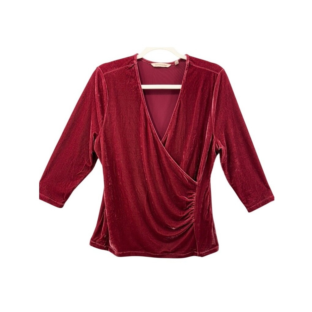 Soft Surroundings Wrap Shirt Womens L Burgundy Ruched Velvet 3/4 Sleeve